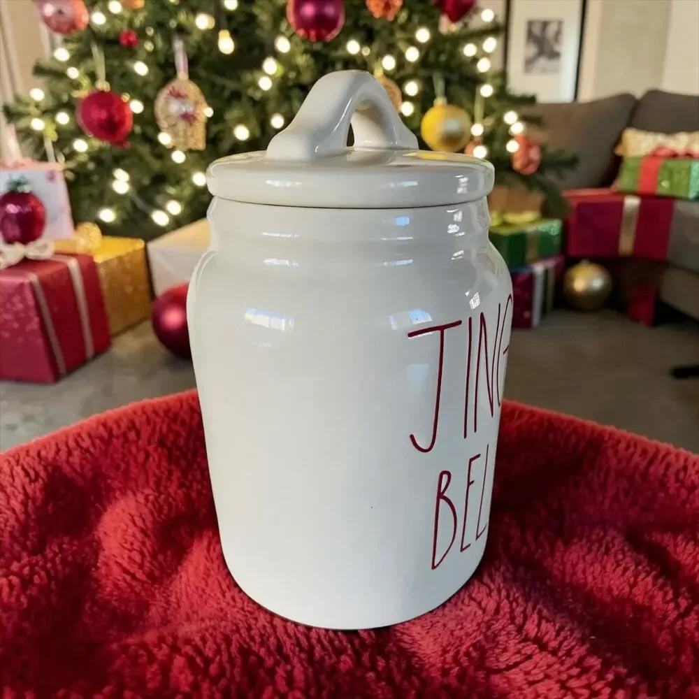 Rae Dunn Ceramic Christmas Jingle Bells Xmas Holiday White & Red Treat Snack Jar